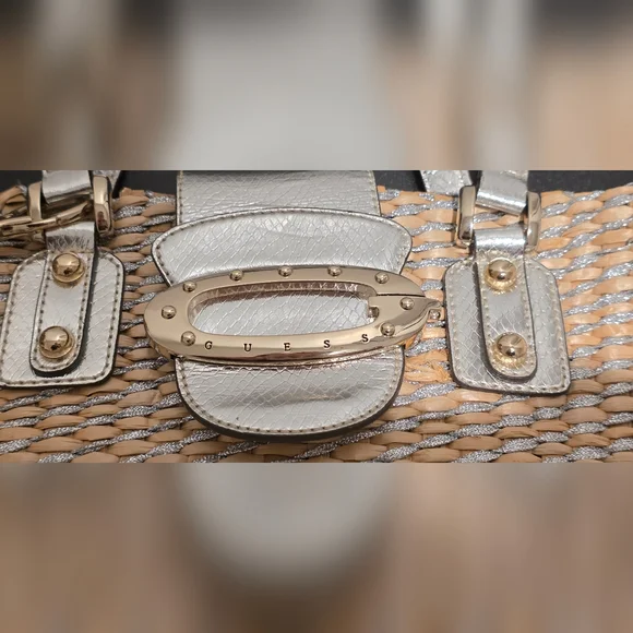 Guess Metallic Straw Tote Bag with Silver Faux Leather Trim & Scarf | Y2K - Picture 2 of 13